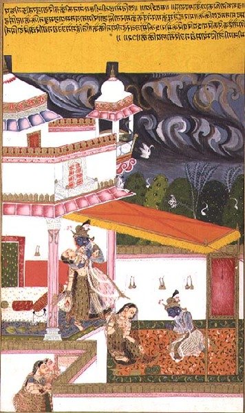 Krishna cajoles Radha as a storm gathers overhead, from the 