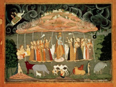 Krishna supporting Mount Govardhana by Ustad Sahibdin, Bikaner by Rajput School