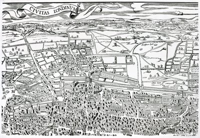 Detail of London North of the city from Civitas Londinium by Ralph Agas