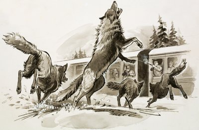 Passengers in a snowbound train fight off starving wolves by Ralph Bruce
