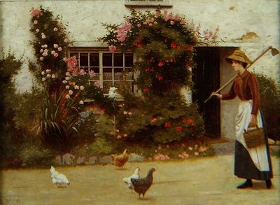 Young Girl with a Hoe Outside a Cottage by Ralph Todd