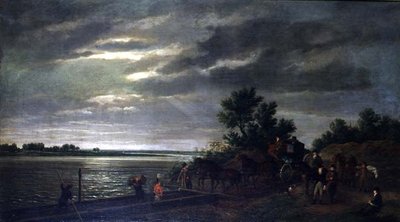A Carriage and Horses Entering a Ferry Boat on the River Leck in Holland at Night by Ramsay Richard Reinagle