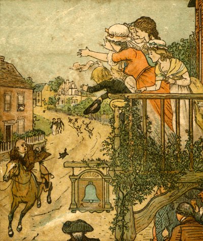 John Gilpin gallops past the Bell Inn as his wife and children wave from the balcony, 1878 by Randolph Caldecott