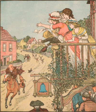 John Gilpin Gallops Past the Bell Inn as His Wife and Children Wave from the Balcony by Randolph Caldecott