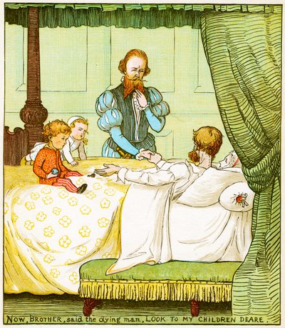 Now, brother, said the dying man, look to my children dear, illustration from Babes in the wood by Randolph Caldecott