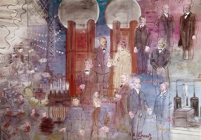 The Electricity Fairy, detail: Portraits of Johann Wilhelm Hittorf, Heinrich Geissler, Henry Moseley, Pierre Curie, Marie Curie, Dmitrij Mendelee, Thomas Edison and Graham Bell. 1937 by Raoul Dufy