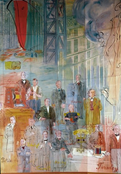 The Electric Fairy, detail: Portraits of different intellectuals and scientists: Antonio Pacinotti, Zenobe Gram, Josiah Willard Gibbs, Charles Algernon Parsons, Marc Seguin, Auguste Camille Rateau, Jean Victor Celet and Michael Faraday. 1937 by Raoul Dufy