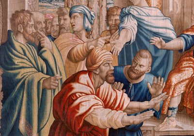 Flemish tapestry. Series Acts of the Apostles. Elymas struck blind. Seventh tapestry in the series. Model Cartoon by Rafael Sanzio. 1519. Manufacture Jan Raes II, Brussels. Ca 1605-1629 by Raphael