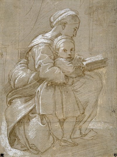 A woman seated on a chair reading, with a child standing by her side by Raphael
