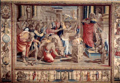 The Sacrifice at Lystra - Life of the apostles Peter and Paul: Saint Paul rejecting divine honours, after having healed an invalid, the inhabitants take him for a god and want to make sacrifices - Tapestry after cardboard by Raffaello Sanzio by after Raphael