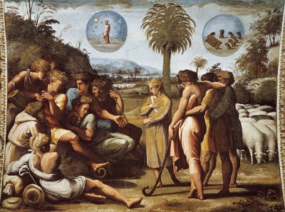 Joseph explains his dreams to his brothers by Raphael