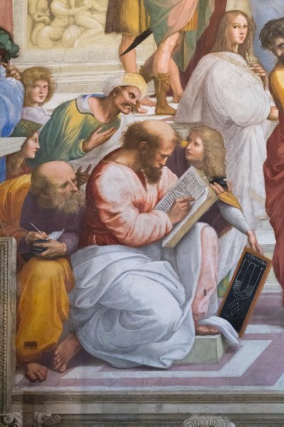 The School of Athens, detail of Pythagoras and his students, Stanza della Segnatura by Raphael (1483 1520)