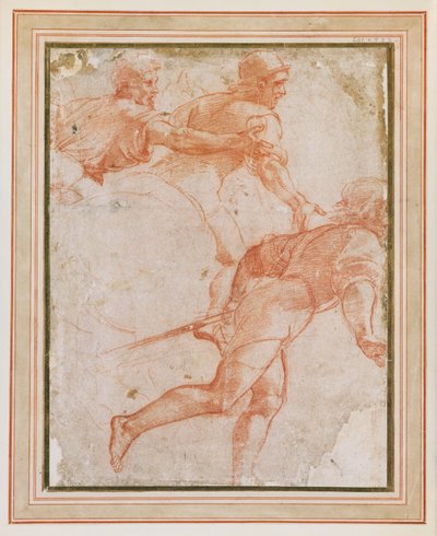 A Soldier Running to the Right and Two Mounted Horsemen with Their Arms Outstretched by Raphael