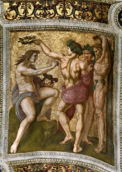 Marsyas and Apollo. Ceiling Fresco in Stanza della Segnatura by Raphael
