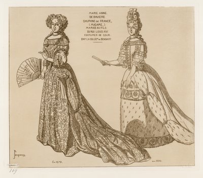Costumes de Cour. Marie Anne de Baviere, Dauphine de France, Married to the Son of King Louis XIV. After Artwork in the Collection of Bonnart by Raphael Jacquemin