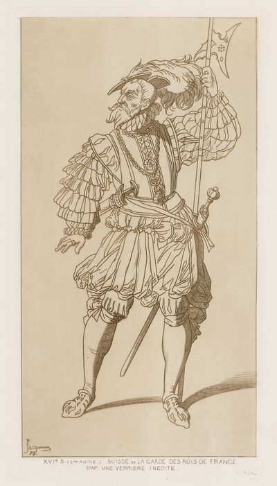 Swiss soldier in la garde des rois de France. Second half of the 16th century. After an unpublished verriere. by Raphael Jacquemin