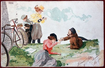 Country Party: Picnic and Cycling - Illustration by R. Kirchner, circa 1900 by Raphael Kirchner