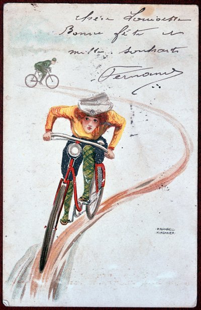 Postcard of a woman on a bicycle - drawing by R. Kirchner, c. 1900 by Raphael Kirchner