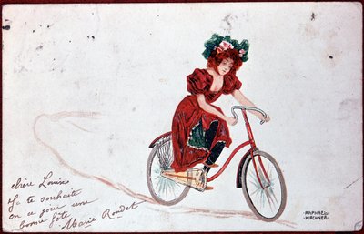 Postcard of a woman on a bike - illustration by R. Kirchner, c.1900 by Raphael Kirchner