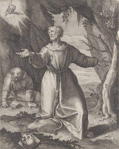 Saint Francis Kneeling with His Arms Outstretched, Looking Towards a Cherub by Raphael Sadeler