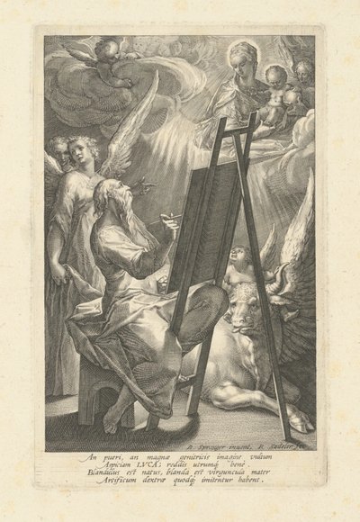 Saint Luke Painting the Virgin by Raphael Sadeler I, after Bartholomaeus Spranger