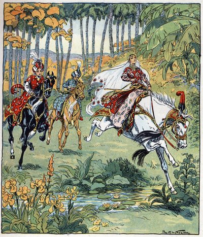 Parizade Overtakes His Brothers Bahman and Pervis in the Horse Race. Illustration by Raymond de La Neziere for the Tale 