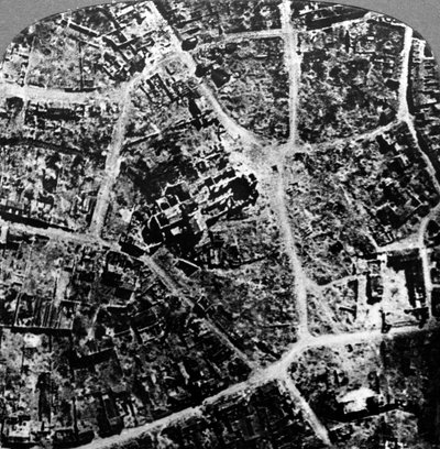 Aerial view of the ruins of the town and basilica of Albert, France, World War I by Realistic Travels Publishers