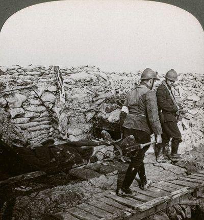 Belgian stretcher bearers carrying wounded in a trench, Dixmude, Belgium, World War I, 1914-1918 by Realistic Travels Publishers
