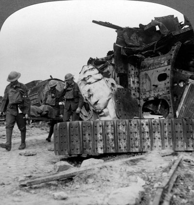 Casualties from the front pass destroyed tanks, Villers-Bretonneux, France, World War I by Realistic Travels Publishers