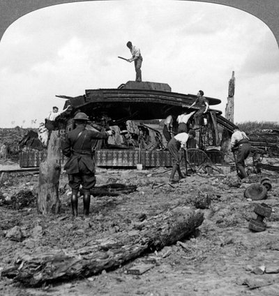 Engineers clearing a destroyed tank from a road, World War I by Realistic Travels Publishers