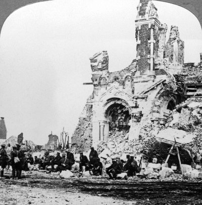 German prisoners of war beside the ruins of the basilica of Albert, France, World War I, 1914-1918 by Realistic Travels Publishers