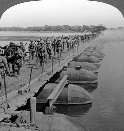 Machine Gun Section and Infantry Crossing a Pontoon Bridge, World War I by Realistic Travels Publishers