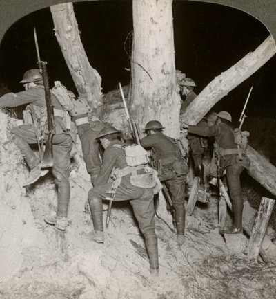 Soldiers leaving a trench for a night raid at Messines, Belgium, World War I, 1914-1918 by Realistic Travels Publishers
