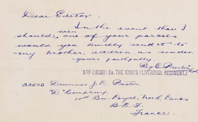 Letter to the Editor, 1914-18 by Reg G. Preston