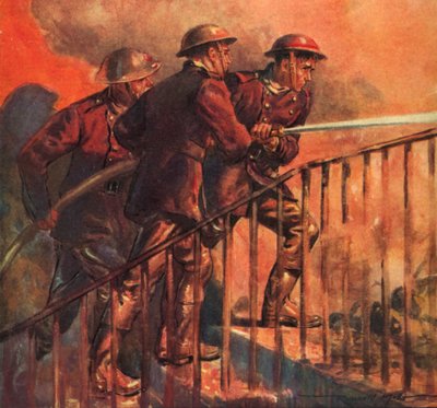 British firemen of the wartime National Fire Service fighting a fire during the Blitz, World War II by Reginald Mills