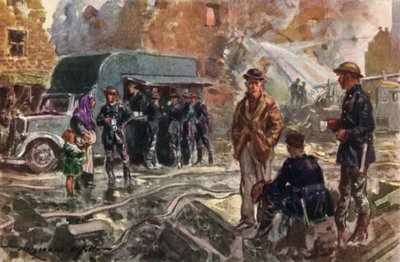 Firefighters of wartime British National Fire Service using a mobile canteen during the Blitz, World War II by Reginald Mills