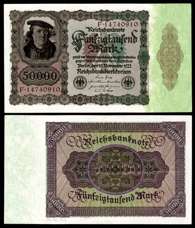 Papiermark of the Weimar Republic, post World War I hyperinflation era by Reichsbankdirektorium Berlin