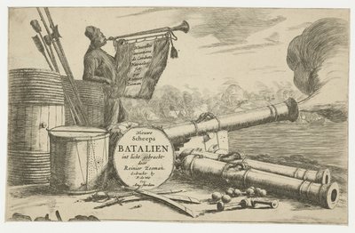 Title Page with the Equipment of a Warship and a Trumpeter by Reinier Nooms