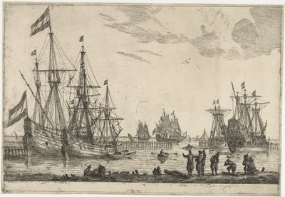 Four Sailing Ships Behind a Breakwater (series title: Thirteen Scenes with Ships) by Reinier Nooms