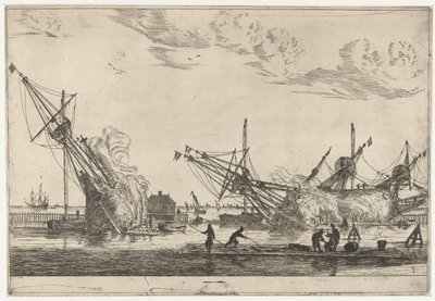 Waterproofing the Hulls of Three Fluyts, Thirteen Scenes with Ships (series title) by Reinier Nooms