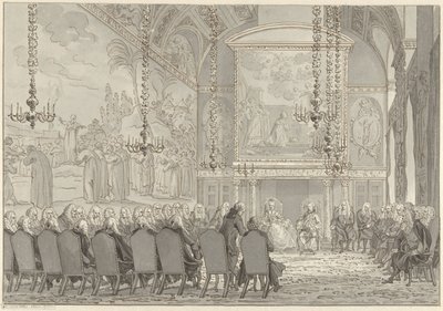 Reception of Prince William V and Wilhelmina of Prussia in the Council Chamber of the Town Hall of Amsterdam by Reinier Vinkeles (I)