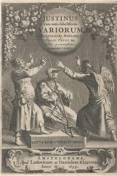 Minerva and Two Chained Figures (Title Page for: A. Thysius, Justinus cum notis selectissimis variorum Berneggerj, Bongarsy, Vossy, Thysy, &c, 1659) by Reinier van Persijn