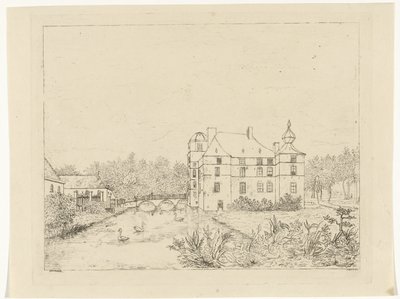 Side View of Castle de Cannenburch with Houses by the Access Bridge by Reinierus Albertus Ludovicus baron van Isendoorn à Blois