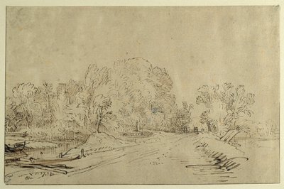 Canal with Boats, a Dyke Road and Trees by Rembrandt Harmensz. van Rijn