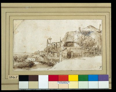 Landscape with farm buildings on the right by Rembrandt Harmensz. van Rijn