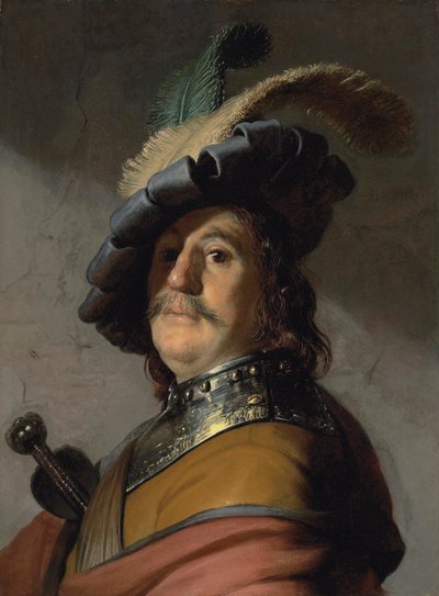 Portrait of a Man with a Breastplate and a Feathered Beret by Rembrandt Harmensz. van Rijn