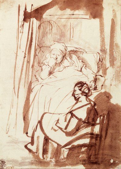 Saskia Lying in Bed, a Woman Sitting at Her Feet by Rembrandt Harmensz. van Rijn
