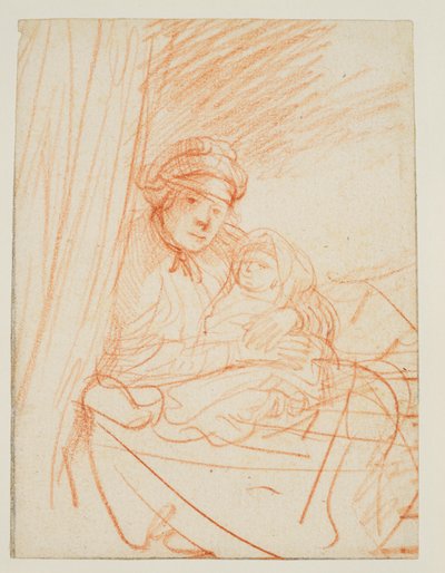 Saskia Sitting Up in Bed, Holding a Child by Rembrandt van Rijn