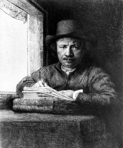 Self portrait while drawing by Rembrandt van Rijn
