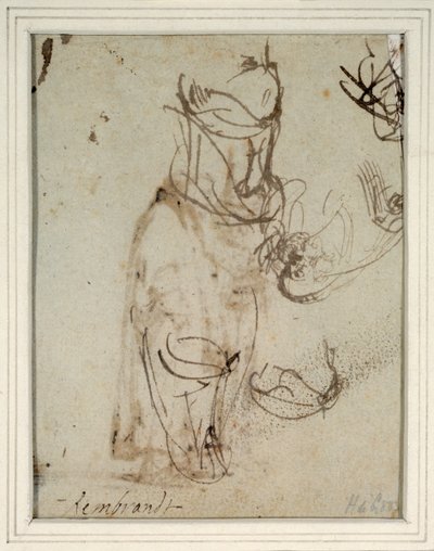 Studies of a tall headdress; and of a head reversed from the recto by Rembrandt Harmensz. van Rijn